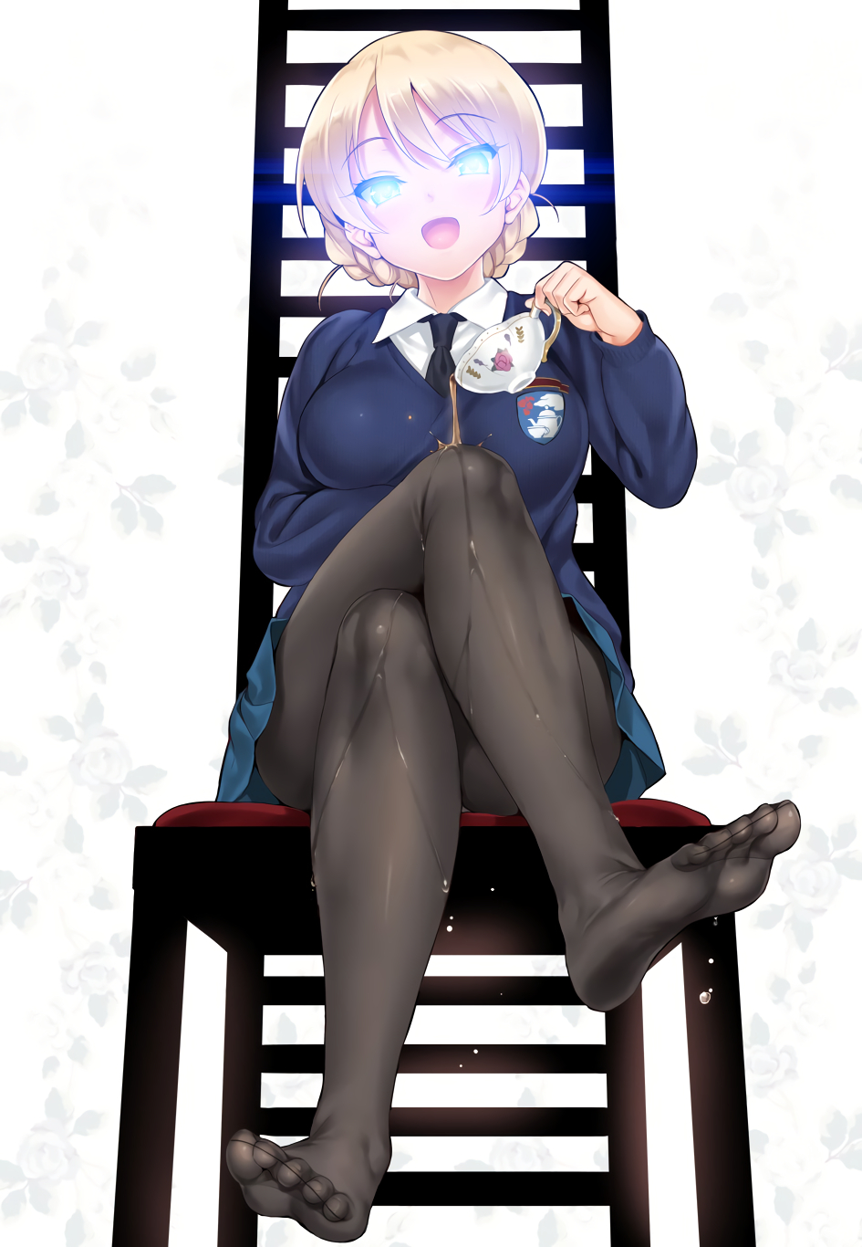 In her school uniform, Darjeeling sits cross-legged on a high-backed chair, looking down at you with a grin and glowing blue eyes.  She tilts an elegant white and gold teacup, causing the tea to trickle down her pantyhose-clad legs.  A few drops make their way down to her shoeless feet.